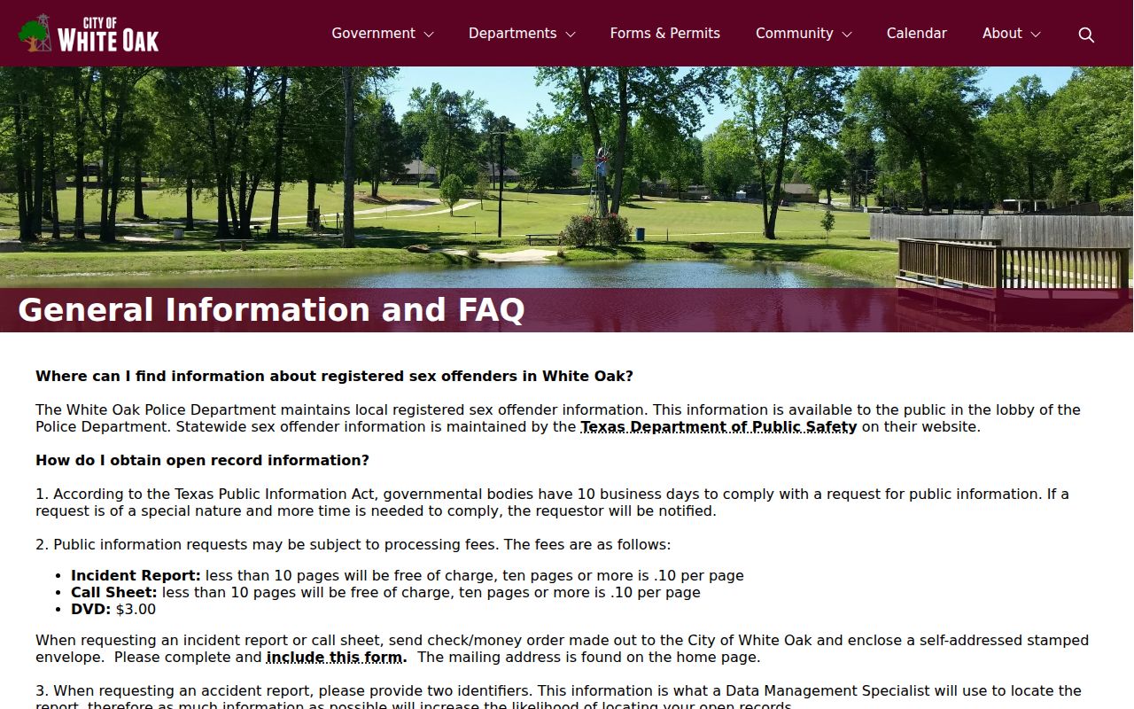 White Oak Police FAQ for booking-record routing